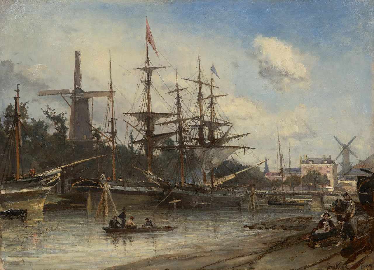 Jongkind J.B.  | Johan Barthold Jongkind | Schilderijen te koop aangeboden | Afgemeerde schepen in de haven van Rotterdam, olieverf op doek 42,0 x 56,1 cm, gesigneerd rechtsonder  dubbel en gedateerd 1857