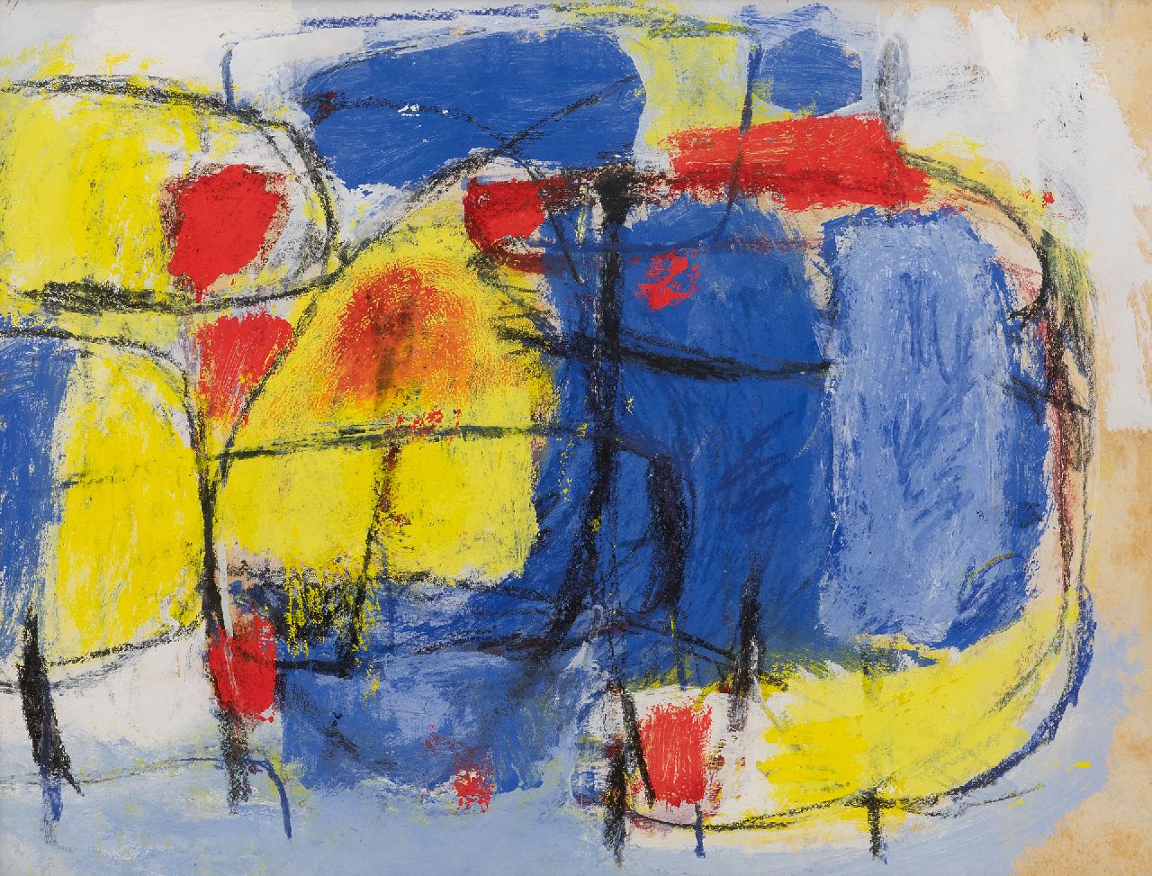 Nanninga J.  | Jacob 'Jaap' Nanninga | Aquarellen en tekeningen te koop aangeboden | Compositie in blauw, geel, rood; verso: Compositie, krijt en gouache op papier 40,9 x 54,0 cm, gesigneerd verso en te dateren ca. 1958