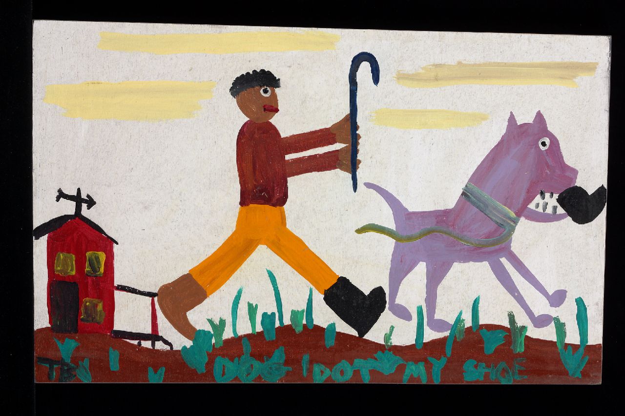 Brown T.  | Timothy 'Tim' Brown | Schilderijen te koop aangeboden | Dog got my shoe, acryl op paneel 32,0 x 52,0 cm, gesigneerd linksonder met initialen