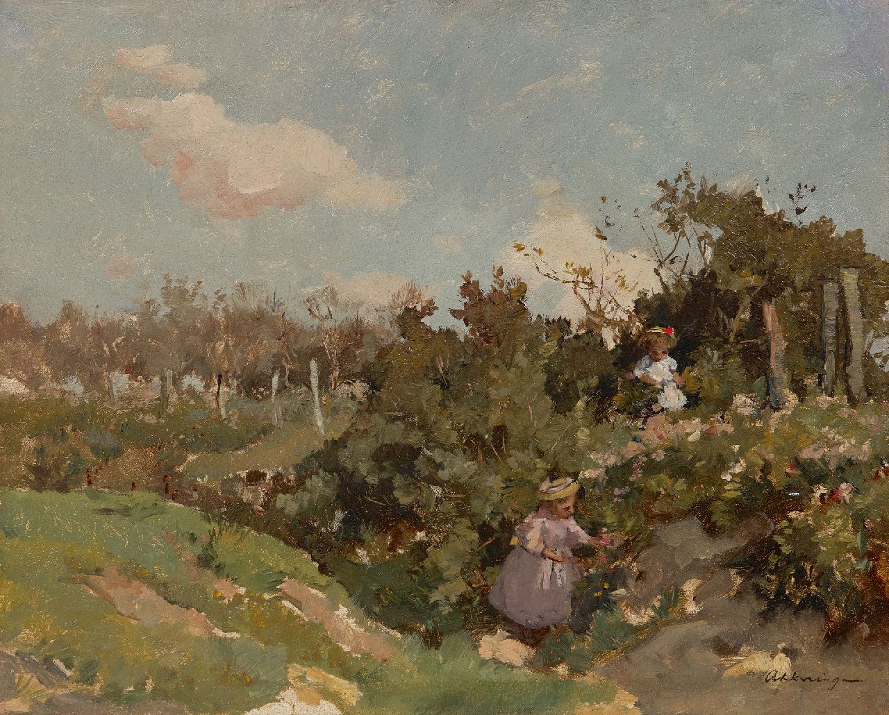 Akkeringa J.E.H.  | 'Johannes Evert' Hendrik Akkeringa | Schilderijen te koop aangeboden | Bloemen plukkken in de duinen, olieverf op paneel 32,3 x 40,0 cm, gesigneerd rechtsonder