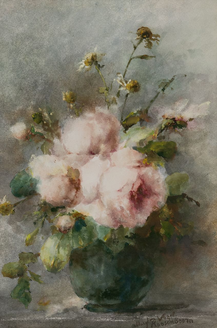 Roosenboom M.C.J.W.H.  | 'Margaretha' Cornelia Johanna Wilhelmina Henriëtta Roosenboom | Aquarellen en tekeningen te koop aangeboden | Stilleven met roze pioenrozen, aquarel op papier 52,5 x 35,5 cm, gesigneerd rechtsonder