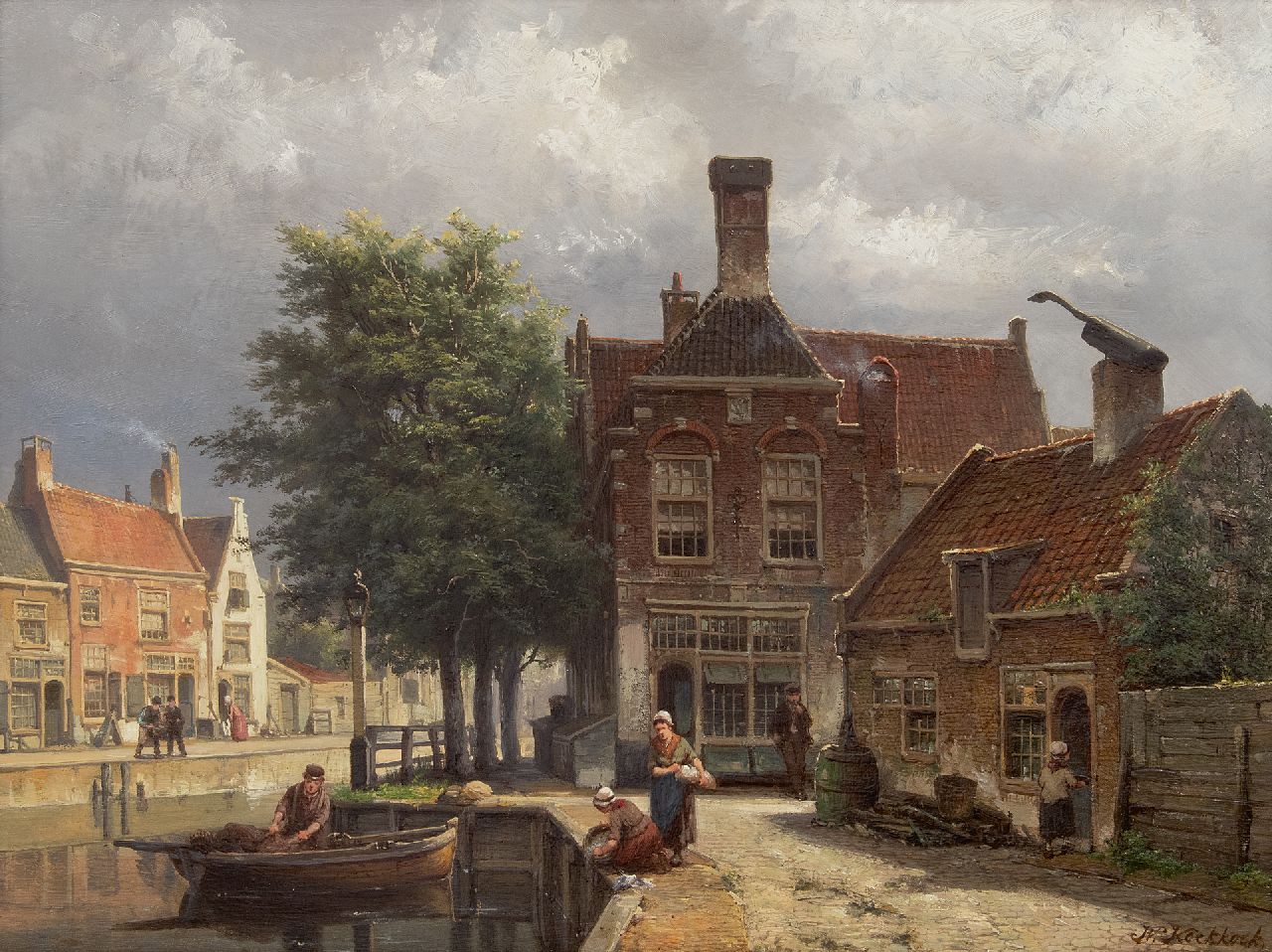 Koekkoek W.  | Willem Koekkoek, Grachtje in Haarlem, olieverf op paneel 41,7 x 56,2 cm, gesigneerd rechtsonder en verso gedateerd 1877 GERESERVEERD