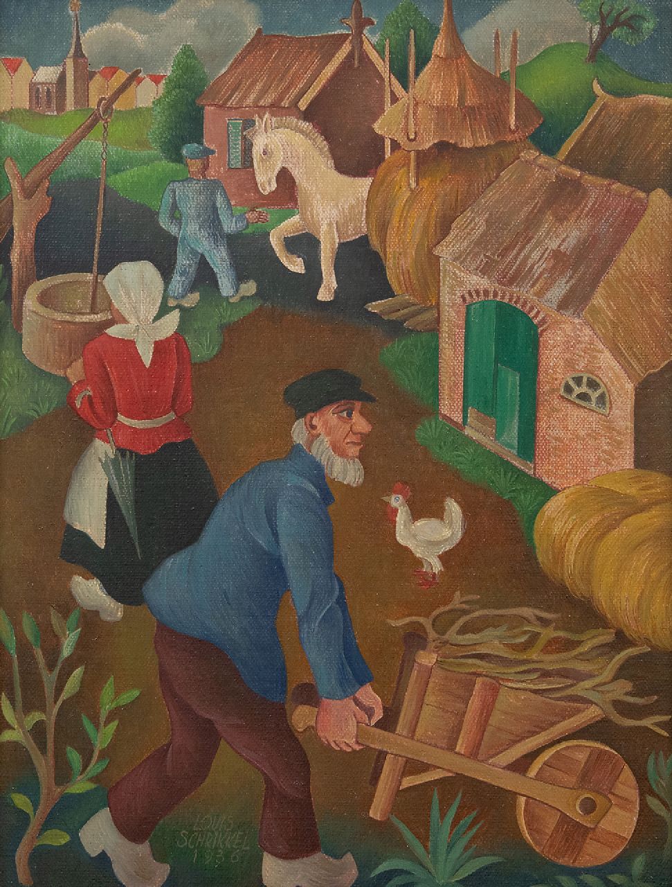 Schrikkel J.L.  | Johannes Lodewijk 'Louis' Schrikkel, Bedrijvigheid op de boerderij, olieverf op doek op paneel 35,5 x 27,1 cm, gesigneerd linksonder en gedateerd 1936