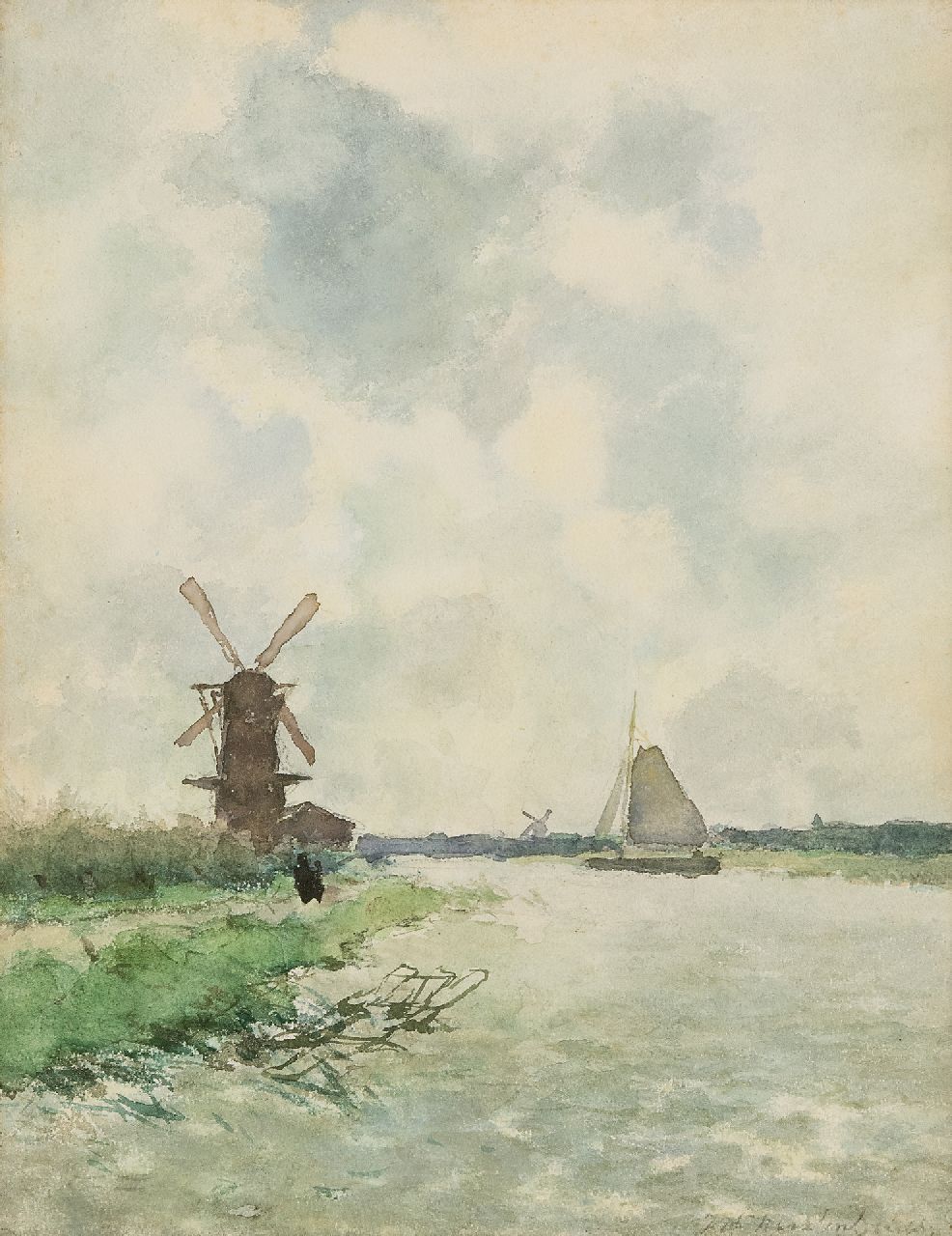 Weissenbruch H.J.  | Hendrik Johannes 'J.H.' Weissenbruch | Aquarellen en tekeningen te koop aangeboden | Riviergezicht met zeilschip en molens, aquarel op papier 42,0 x 32,0 cm, gesigneerd rechtsonder en gereserveerd