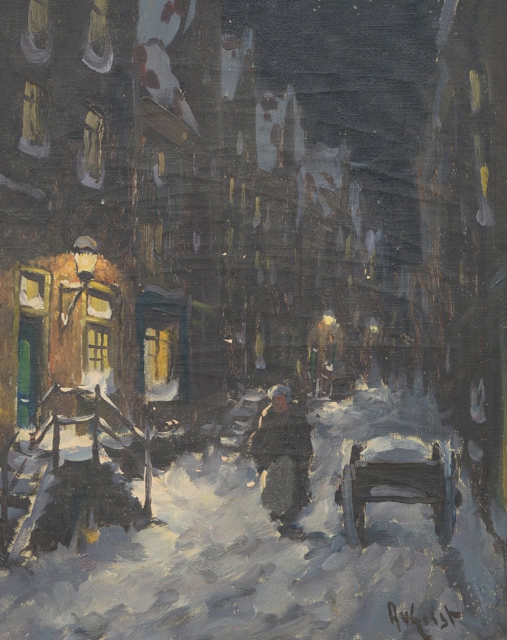 Arnout van Gilst | Besneeuwde straat bij nacht, olieverf op doek, 50,1 x 39,9 cm, gesigneerd r.o.