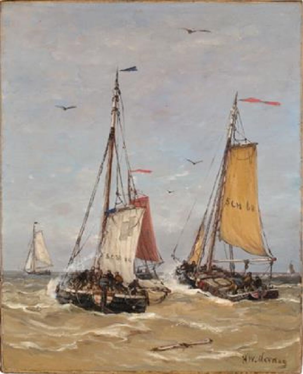 Mesdag H.W.  | Hendrik Willem Mesdag | Schilderijen te koop aangeboden | Het vertrek van de vissersvloot, Scheveningen, olieverf op doek 50,2 x 40,3 cm, gesigneerd rechtsonder