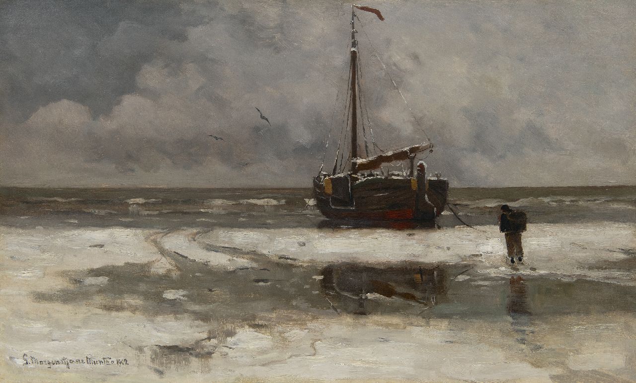 Munthe G.A.L.  | Gerhard Arij Ludwig 'Morgenstjerne' Munthe | Schilderijen te koop aangeboden | Het strand bij winter, Katwijk, olieverf op doek 43,4 x 71,3 cm, gesigneerd linksonder en gedateerd 1902, zonder lijst