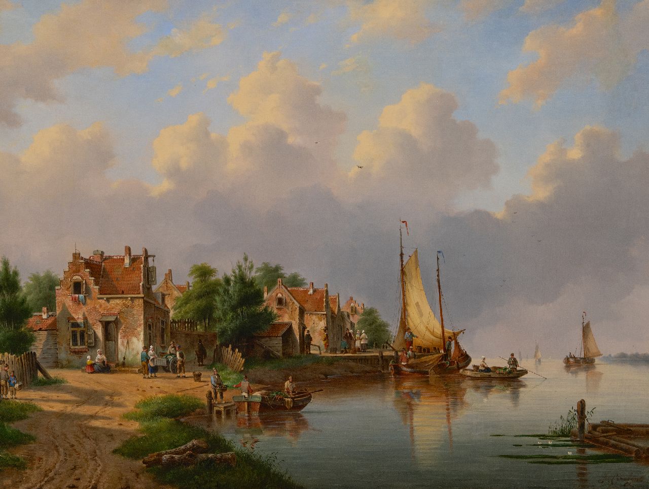 Hendriks G.  | Gerardus 'George Henry' Hendriks | Schilderijen te koop aangeboden | Dorp aan de rivier met voetveer en zeilschepen, olieverf op doek 83,0 x 98,4 cm