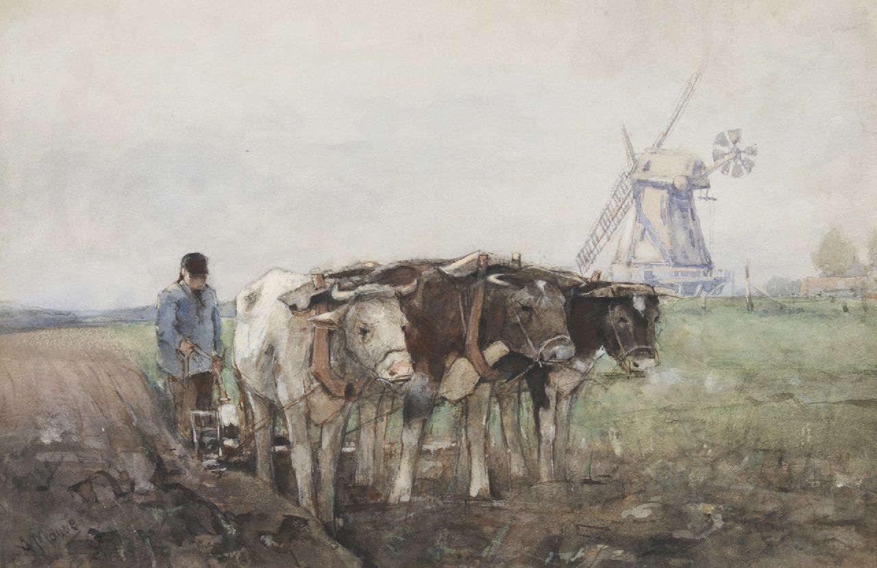 Mauve A.  | Anthonij 'Anton' Mauve | Aquarellen en tekeningen te koop aangeboden | Ploegende boer met zijn ossen, aquarel en gouache op papier 26,0 x 40,1 cm, gesigneerd linksonder