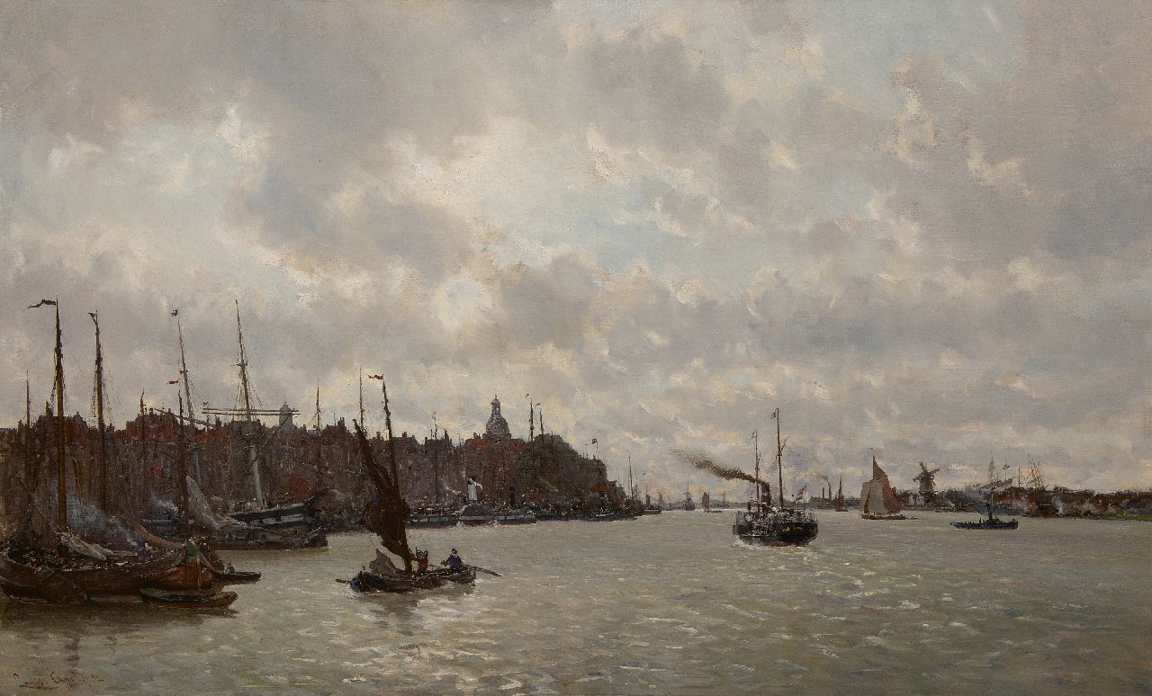 Apol L.F.H.  | Lodewijk Franciscus Hendrik 'Louis' Apol, Gezicht op Dordrecht over de rivier de Merwede, olieverf op doek 91,3 x 147,0 cm, gesigneerd linksonder en gedateerd '82 Apol L.F.H.  | Lodewijk Franciscus Hendrik 'Louis' Apol, Gezicht op Dordrecht over de rivier de Merwede, olieverf op doek 91,3 x 147,0 cm, gesigneerd linksonder en gedateerd '82