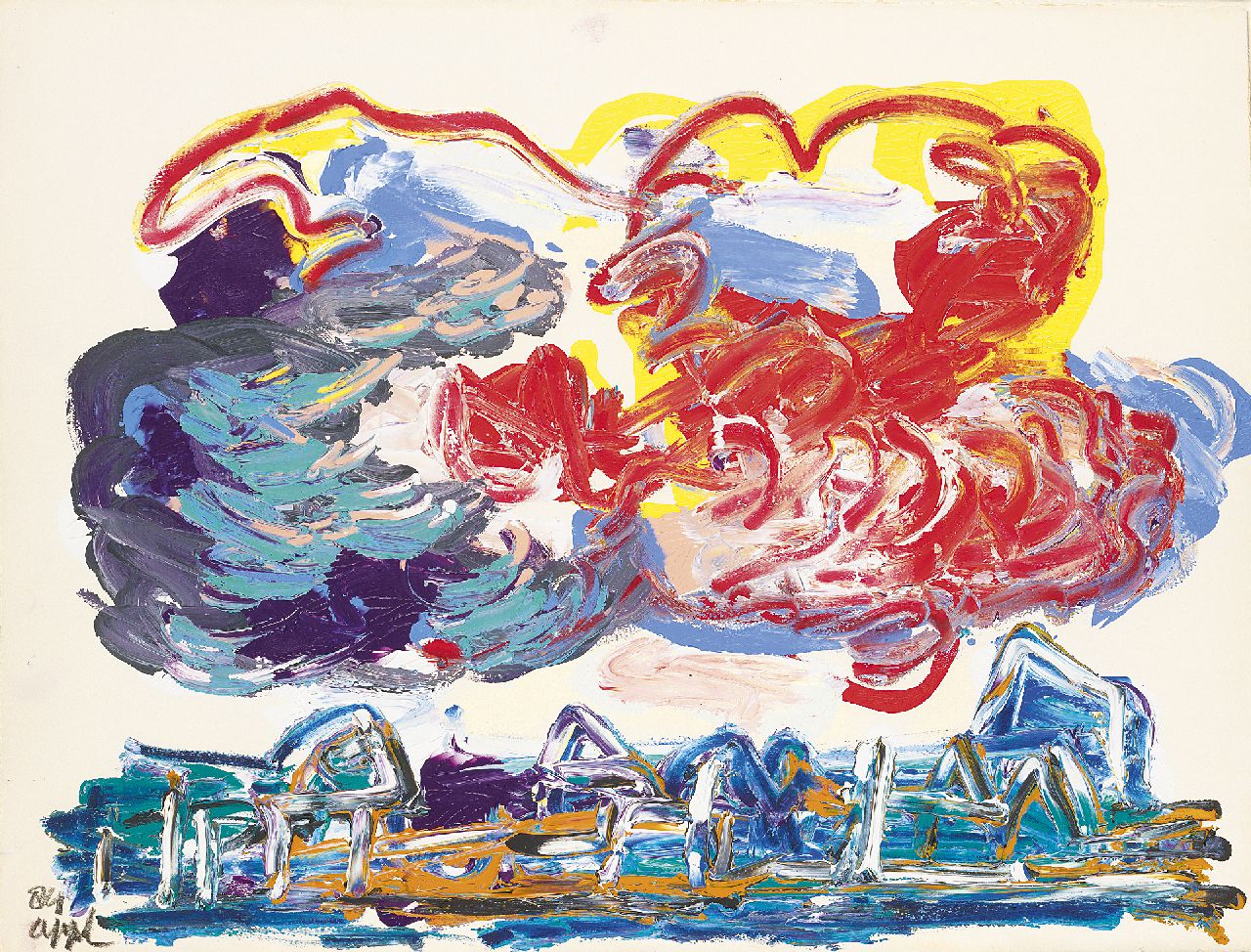 Appel C.K.  | Christiaan 'Karel' Appel | Schilderijen te koop aangeboden | Wolken boven huizen, acryl op papier 56,5 x 76,0 cm, gesigneerd linksonder en gedateerd '84
