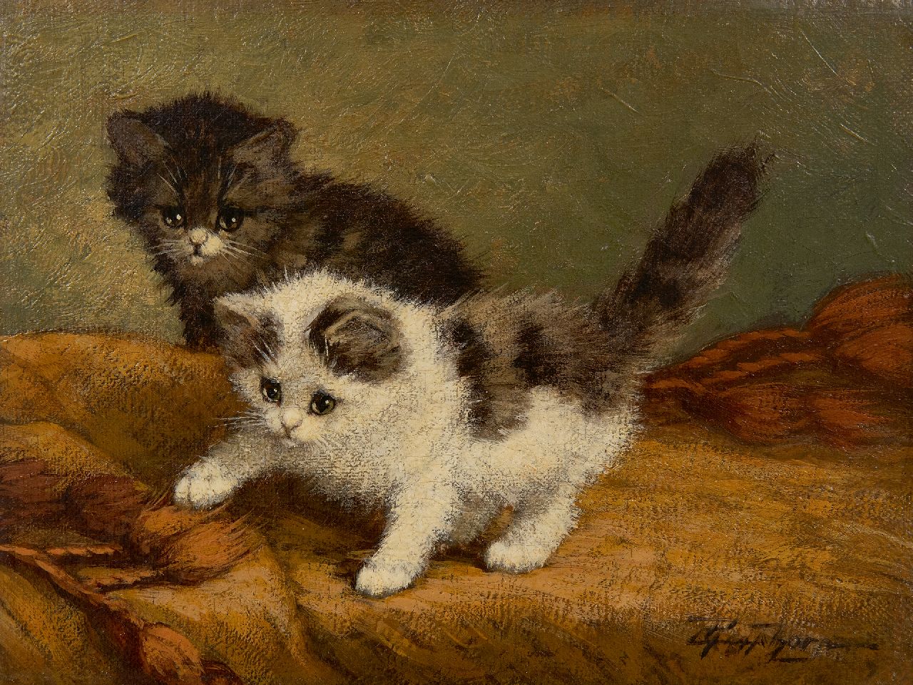 Raaphorst C.  | Cornelis Raaphorst | Schilderijen te koop aangeboden | Twee spelende katjes, olieverf op doek 18,1 x 24,2 cm, gesigneerd rechtsonder