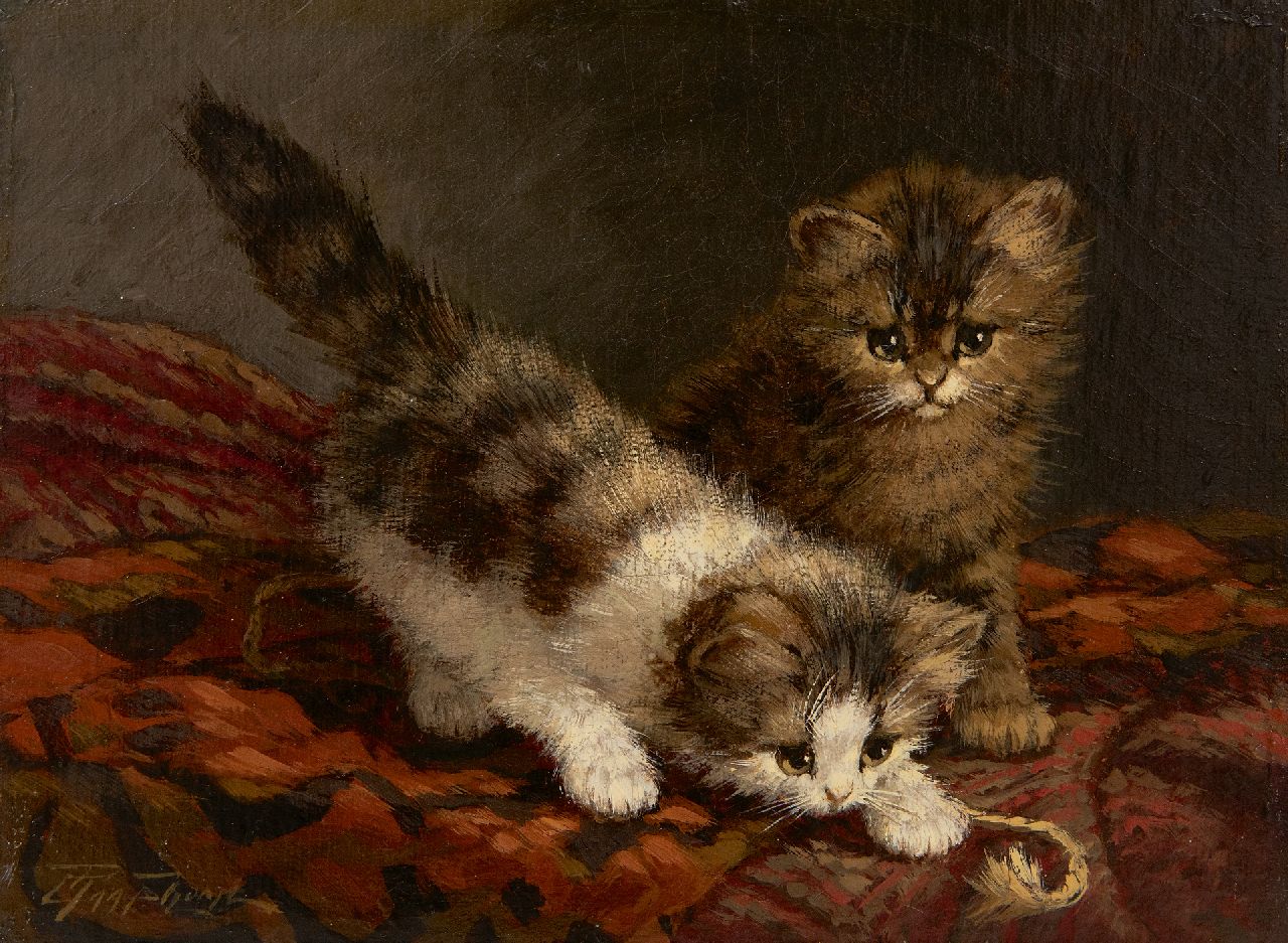 Raaphorst C.  | Cornelis Raaphorst | Schilderijen te koop aangeboden | Kittens spelend op een sierkussen, olieverf op doek 18,3 x 24,0 cm, gesigneerd linksonder