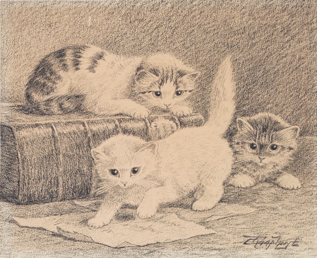 Raaphorst C.  | Cornelis Raaphorst | Aquarellen en tekeningen te koop aangeboden | Drie spelende jonge katjes, houtskool op papier 23,8 x 29,1 cm, gesigneerd rechtsonder