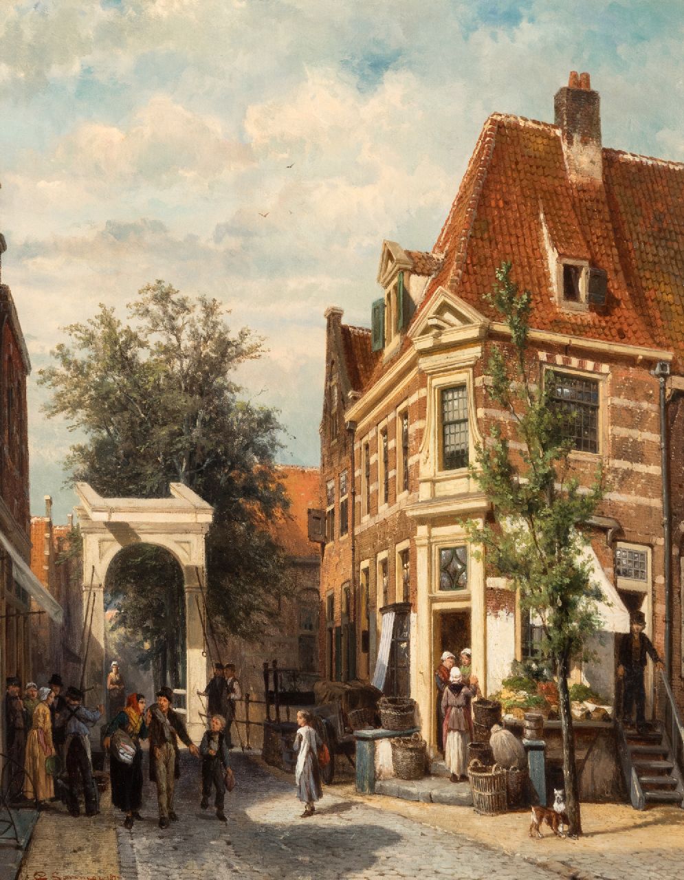 Springer C.  | Cornelis Springer | Schilderijen te koop aangeboden | Een drukbevolkt straatje in Weesp, olieverf op paneel 50,0 x 40,5 cm, gesigneerd l.o en gedateerd 1877