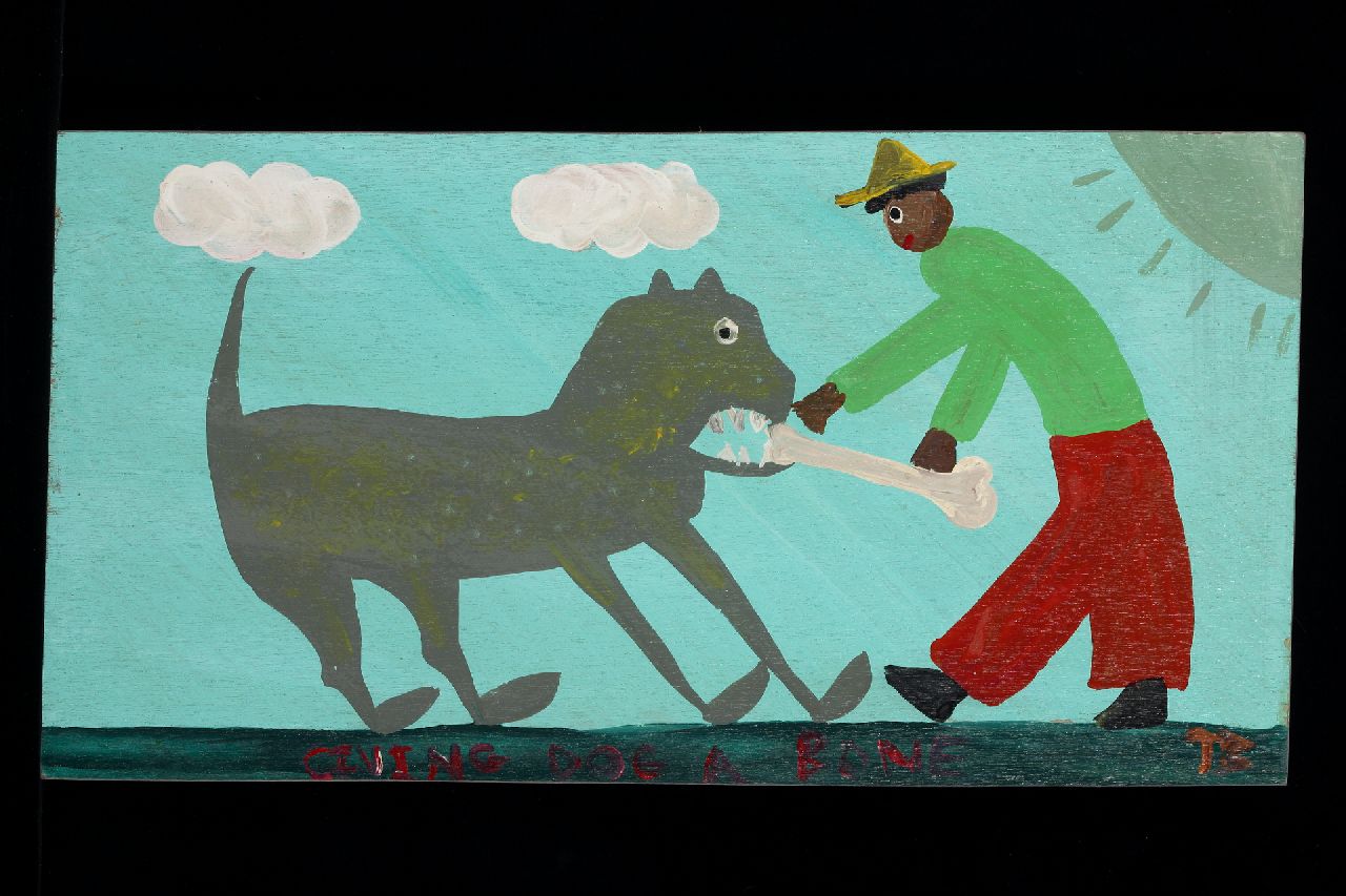 Brown T.  | Timothy 'Tim' Brown, Giving dog a bone, acryl op paneel 30,7 x 58,1 cm, gesigneerd rechtsonder met initialen