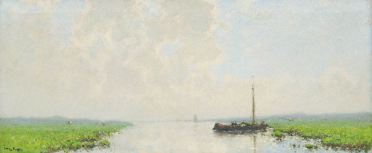 Kuijpers C.  | Cornelis Kuijpers, Afgemeerde schuit in weids rivierlandschap, olieverf op doek 45,7 x 108,6 cm, gesigneerd linksonder