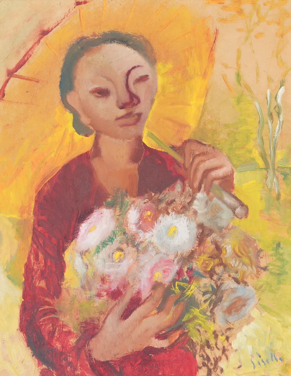 Kuster G.  | Giselle Kuster |  te koop aangeboden | Indische vrouw met bloemen en parasol, 63,5 x 49,6 cm, gesigneerd rechtsonder en te dateren ca. 1948-1949