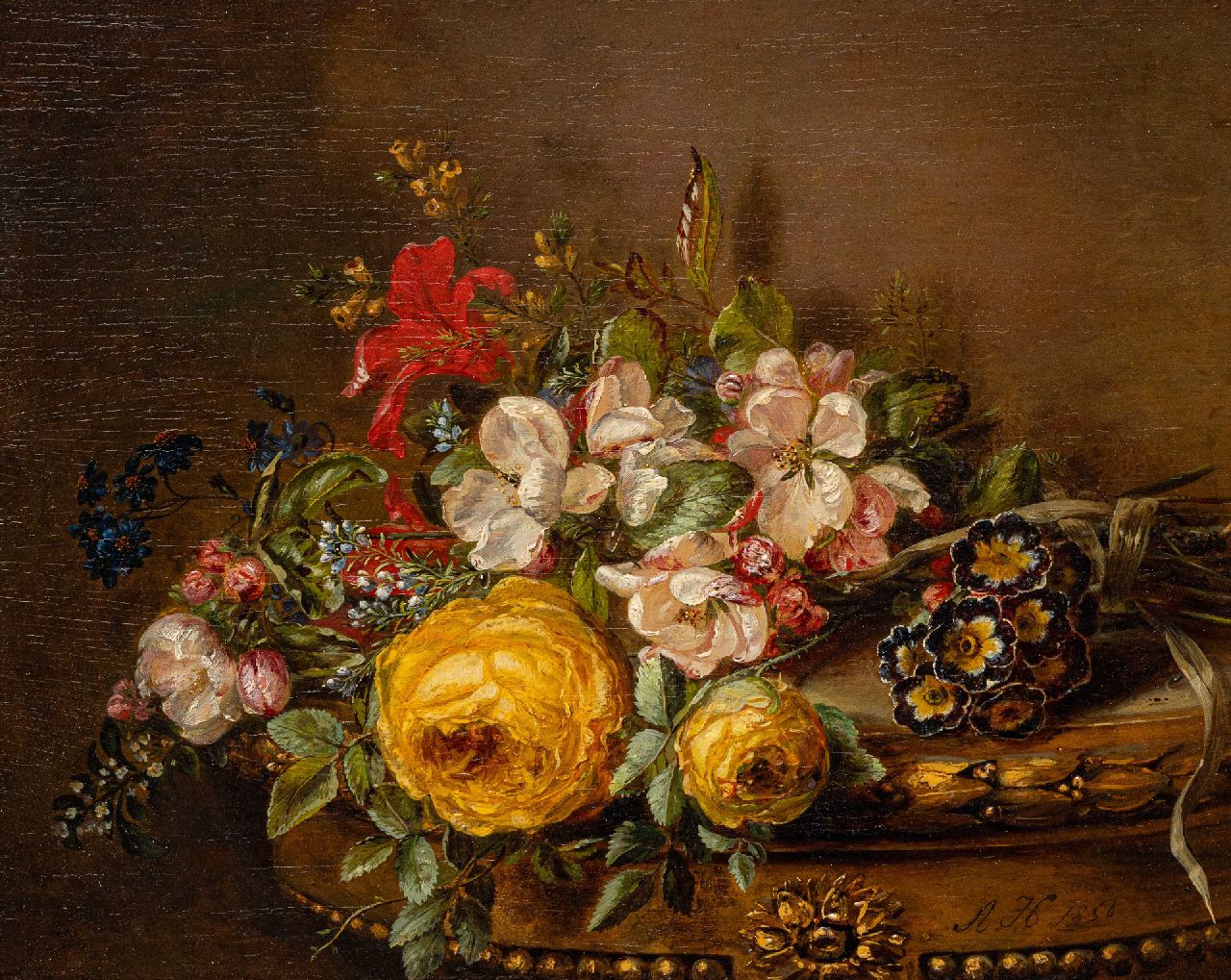Haanen A.J.  | 'Adriana' Johanna Haanen | Schilderijen te koop aangeboden | Rozen, violen en lelies op een tafel, olieverf op paneel 26,5 x 33,0 cm, gesigneerd rechtsonder en gedateerd 1850