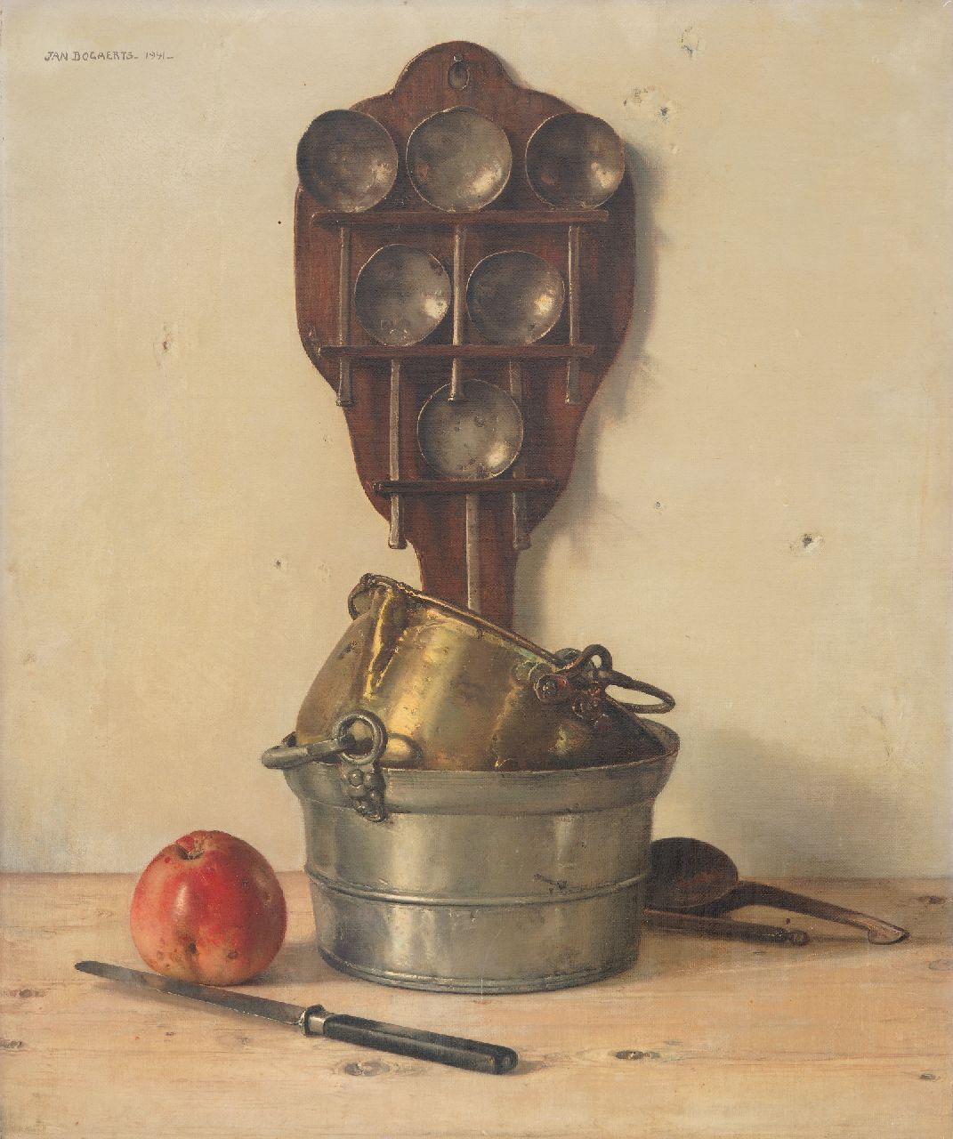 Bogaerts J.J.M.  | Johannes Jacobus Maria 'Jan' Bogaerts | Schilderijen te koop aangeboden | Keukenstilleven met lepelrek, potten, appel en mes, olieverf op doek 60,5 x 5035,0 cm, gesigneerd linksboven en gedateerd 1941