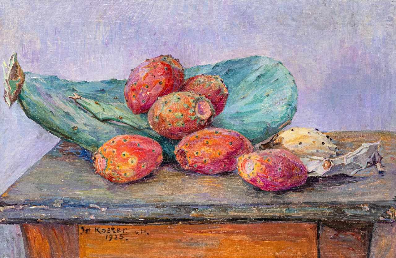 Koster J.P.C.A.  | Johanna Petronella Catharina Antoinetta 'Jo' Koster | Schilderijen te koop aangeboden | Stilleven van dragonfruit op een tafel, olieverf op doek 29,0 x 42,5 cm, gesigneerd linksonder en gedateerd 1925