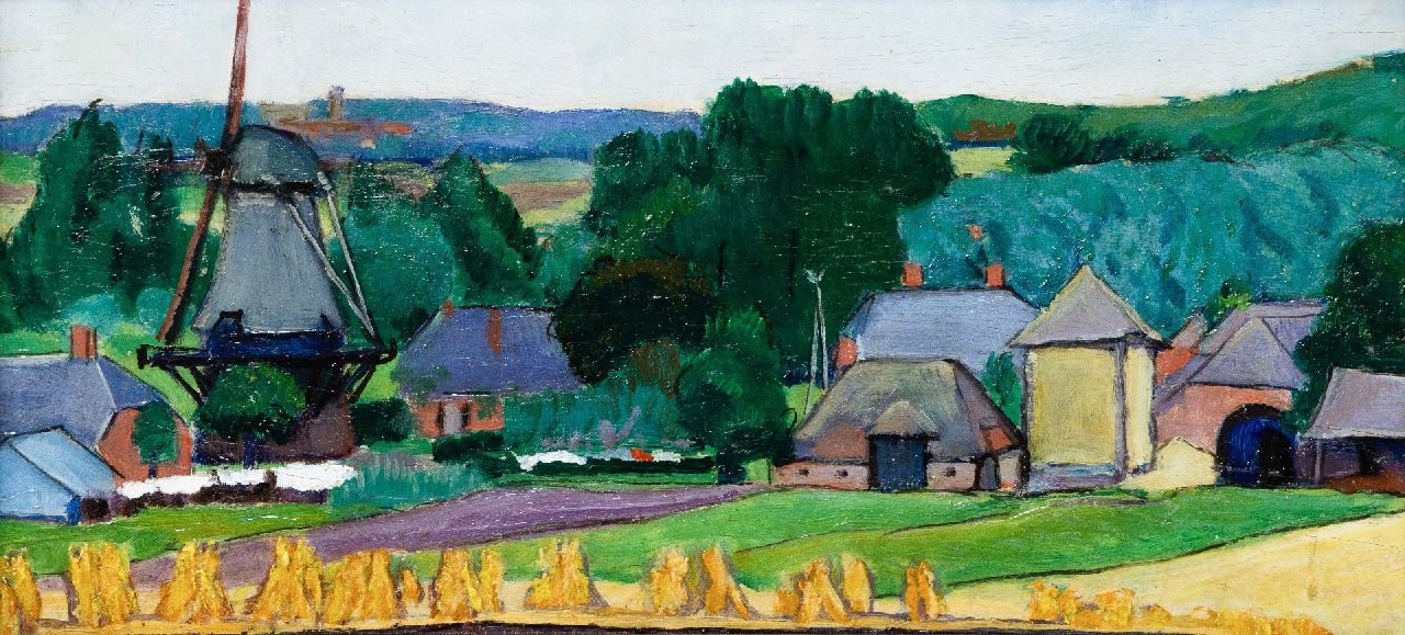 Vilmos Huszár | Dorpsgezicht met molen, mogelijk Ede., olieverf op paneel, 18,0 x 36,5 cm