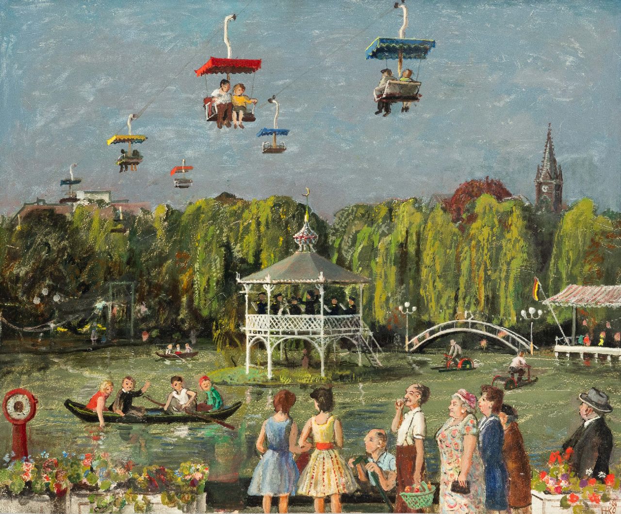 Kamerlingh Onnes H.H.  | 'Harm' Henrick Kamerlingh Onnes | Schilderijen te koop aangeboden | Pret bij het kabelbaanpark in Valkenburg, olieverf op board 50,0 x 60,0 cm, gesigneerd rechtsonder en gedateerd '60