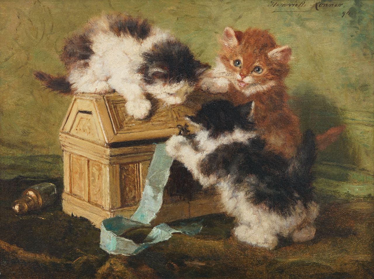 Ronner-Knip H.  | Henriette Ronner-Knip | Schilderijen te koop aangeboden | Drie jonge poesjes spelend met een brievenkistje, olieverf op paneel 18,7 x 24,5 cm, gesigneerd rechtsboven en gedateerd '94