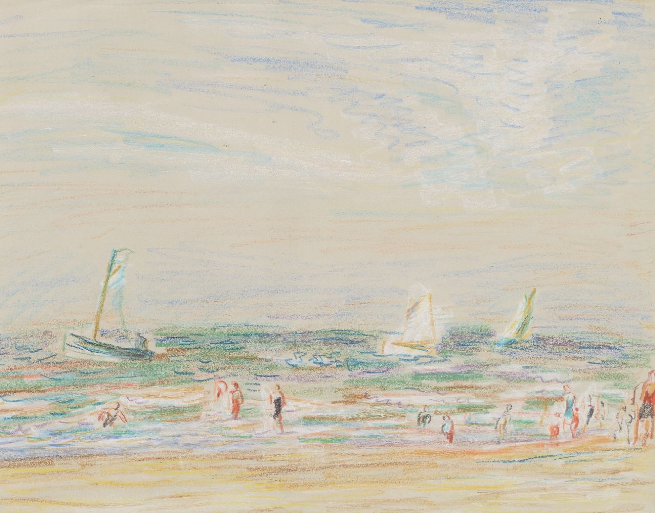 Gestel L.  | Leendert 'Leo' Gestel | Aquarellen en tekeningen te koop aangeboden | Het strand bij Zandvoort, pastel op papier 24,0 x 30,0 cm