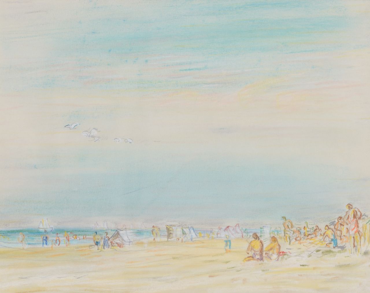 Gestel L.  | Leendert 'Leo' Gestel | Aquarellen en tekeningen te koop aangeboden | Strandgezicht Zandvoort, pastel op papier 24,0 x 30,0 cm