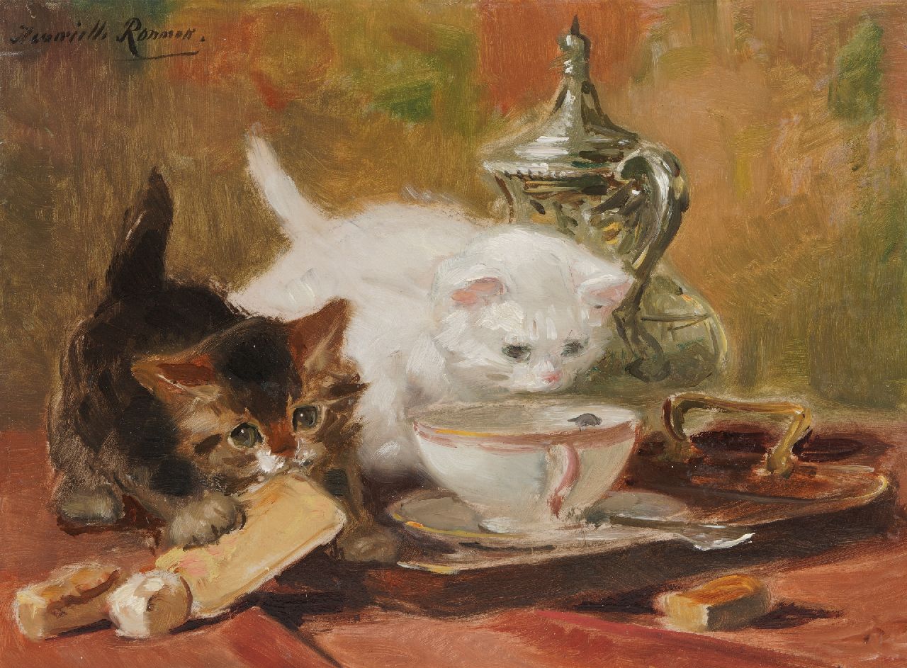 Ronner-Knip H.  | Henriette Ronner-Knip | Schilderijen te koop aangeboden | Kittens spelend op een theetafel, olieverf op papier op paneel 23,8 x 32,1 cm, gesigneerd linksboven