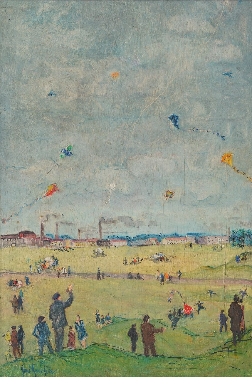 Paeschke P.  | Paul Paeschke | Schilderijen te koop aangeboden | Vliegeren op het Tempelhofer Feld in Berlijn, olieverf op paneel 45,0 x 30,8 cm, gesigneerd linksonder en te dateren ca. 1910