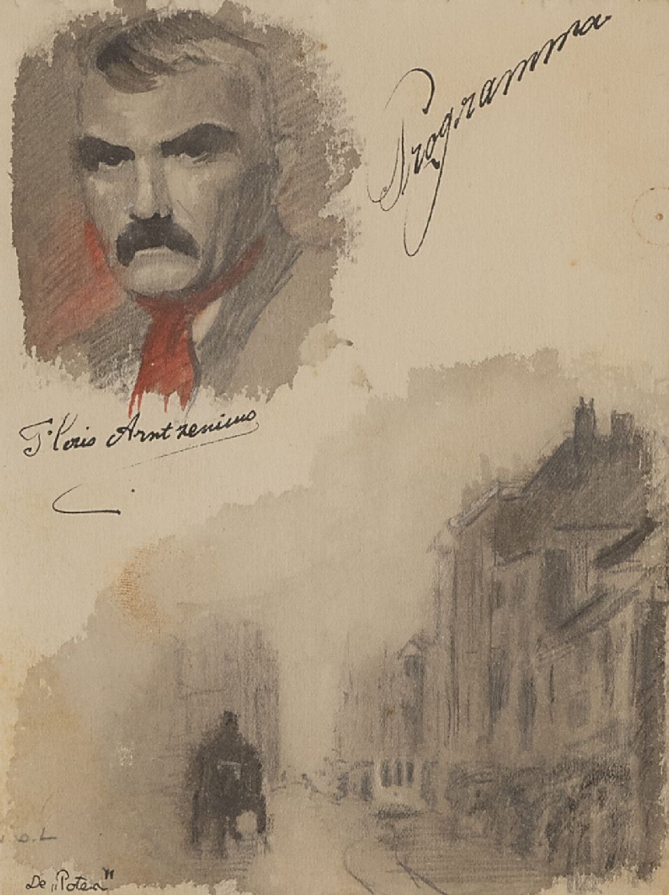 Arntzenius P.F.N.J.  | Pieter Florentius Nicolaas Jacobus 'Floris' Arntzenius, Blad met zelfportret en schets van de Lange Poten, Den Haag, potlood, inkt en aquarel op papier 15,7 x 12,4 cm, gesigneerd links van het midden