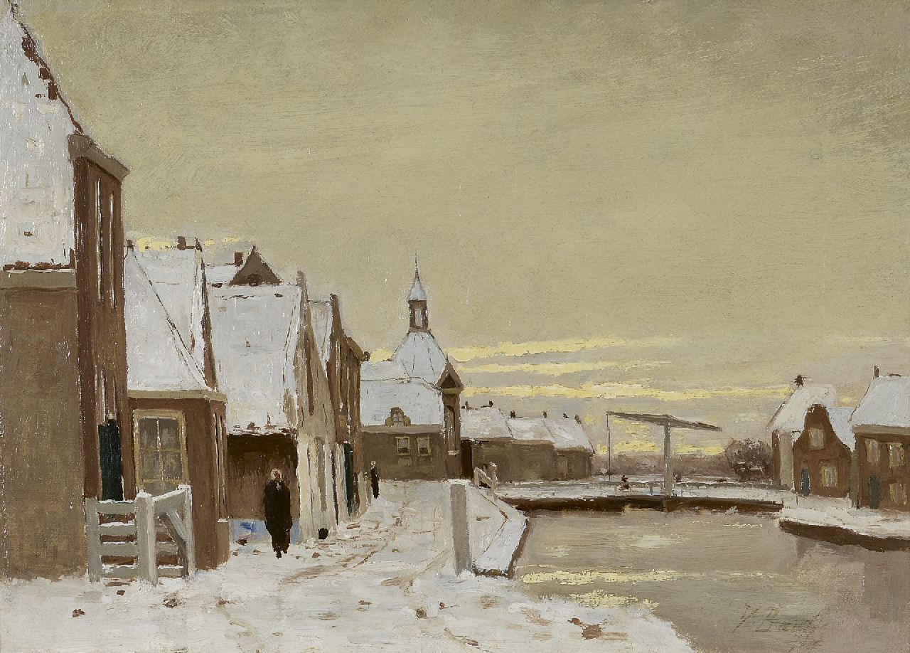 Bauffe V.  | Victor Bauffe, Winters gezicht op Leidschendam met ophaalbrug, olieverf op doek 25,3 x 35,7 cm, gesigneerd rechtsonder