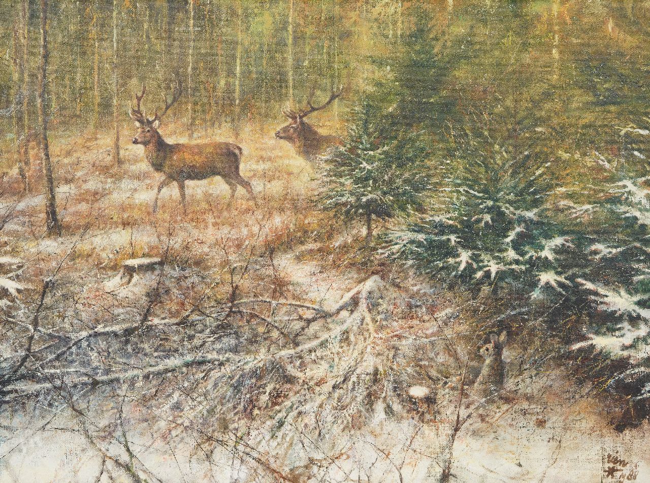 Poortvliet R.  | Rien Poortvliet | Schilderijen te koop aangeboden | Herten achter een struikgewas met een konijntje, olieverf op doek 60,0 x 80,0 cm
