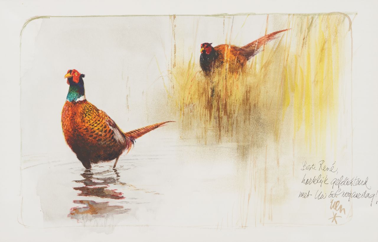 Poortvliet R.  | Rien Poortvliet | Aquarellen en tekeningen te koop aangeboden | Fazanten op een wenskaart, papier 30,0 x 46,0 cm