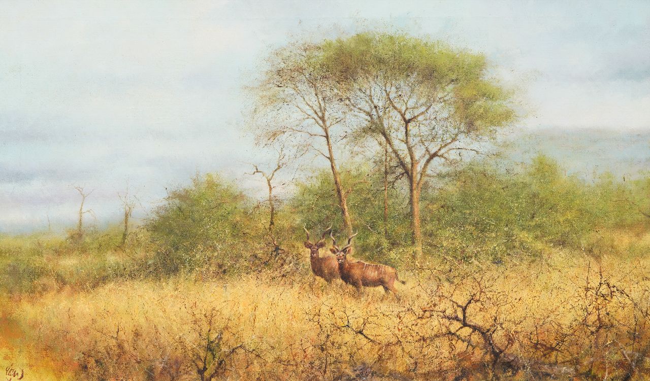 Poortvliet R.  | Rien Poortvliet | Schilderijen te koop aangeboden | Kudu's bij bomen, olieverf op doek 60,0 x 100,0 cm