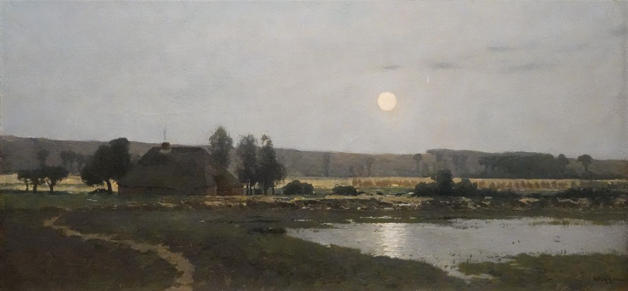 Wiggers D.  | Dirk 'Derk' Wiggers | Schilderijen te koop aangeboden | Het meertje bij Nijmegen bij maanlicht, olieverf op doek 40,5 x 80,5 cm, gesigneerd rechtsonder en te dateren ca. 1895