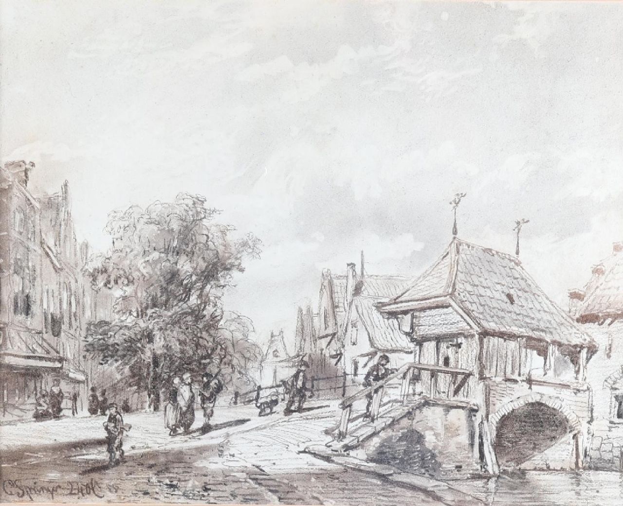 Springer C.  | Cornelis Springer | Aquarellen en tekeningen te koop aangeboden | Gezicht op de visafslag en brug in Oudewater, houtskool op papier 40,0 x 50,0 cm