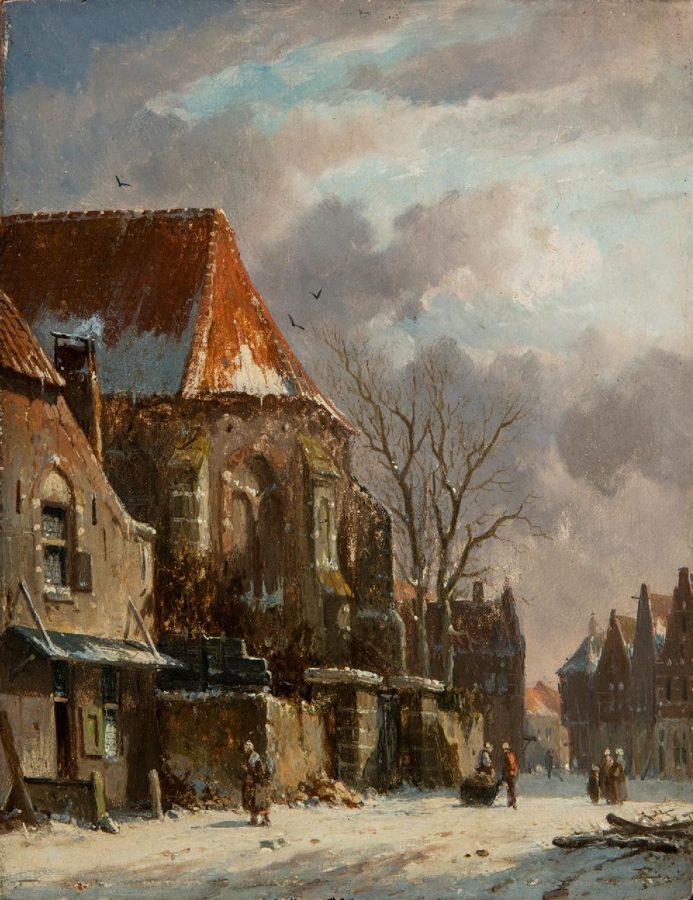 Eversen A.  | Adrianus Eversen | Schilderijen te koop aangeboden | Winters stadsgezicht met figuren  (pendant van  25438), olieverf op paneel 19,5 x 15,0 cm, gesigneerd rechtsonder
