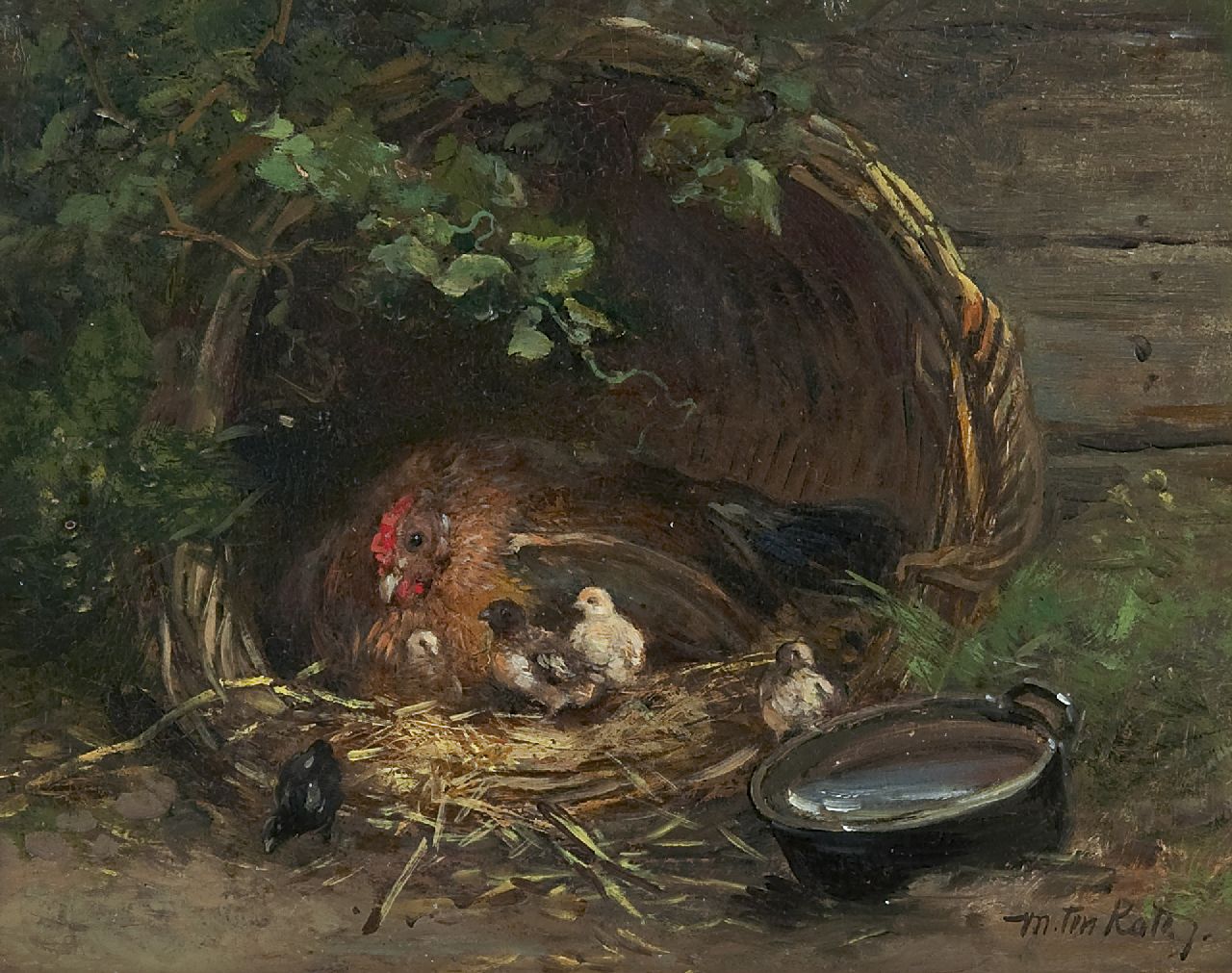 Kate J.M.H. ten | Johan 'Mari' Henri ten Kate | Schilderijen te koop aangeboden | Hen met kuikens in een korf, olieverf op paneel 15,5 x 19,7 cm, gesigneerd rechtsonder
