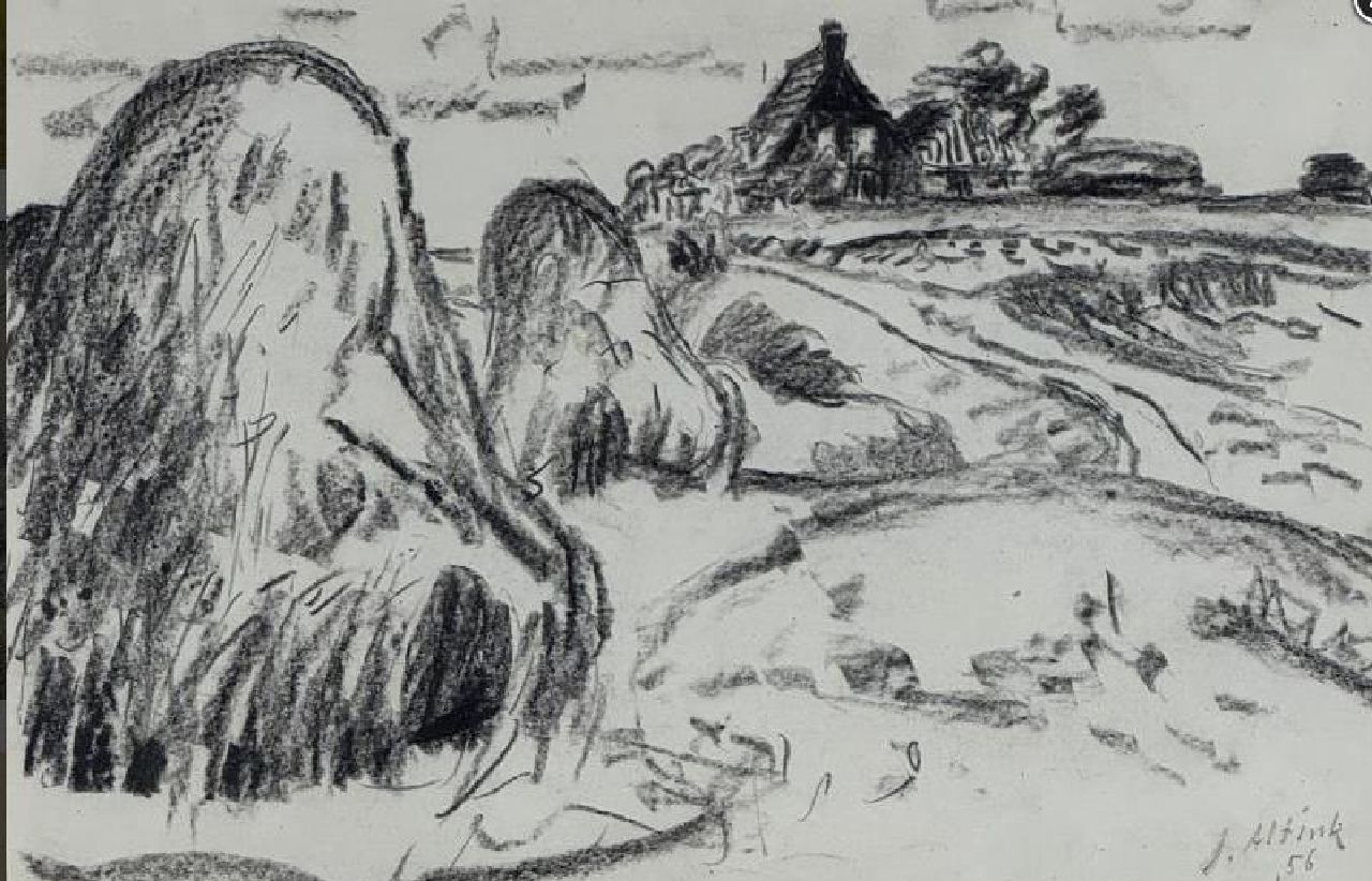 Altink J.  | Jan Altink | Aquarellen en tekeningen te koop aangeboden | Gronings landschap, krijt op papier 32,0 x 48,0 cm, gesigneerd rechtsonder en gedateerd '56
