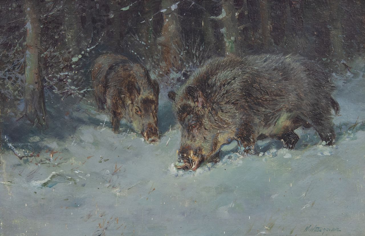 William Woodhouse | Twee wilde zwijnen in de sneeuw, olieverf op paneel, 20,0 x 30,0 cm, gesigneerd r.o.