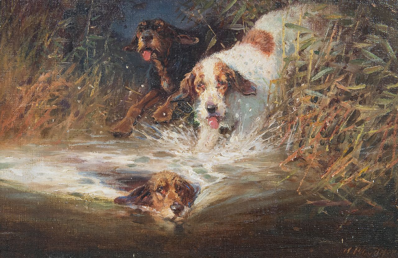 Woodhouse W.  | William Woodhouse | Schilderijen te koop aangeboden | Drie jachthonden in actie, olieverf op doek op paneel 20,0 x 30,2 cm, gesigneerd rechtsonder