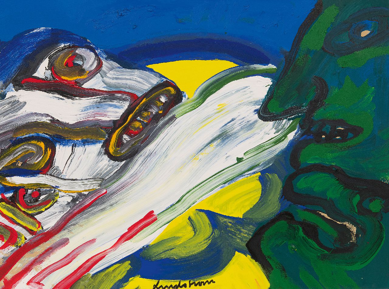 Lindström B.K.E.  | 'Bengt' Karl Erik Lindström | Schilderijen te koop aangeboden | Personages, acryl op doek 56,8 x 76,3 cm, gesigneerd middenonder en verso gedateerd '81