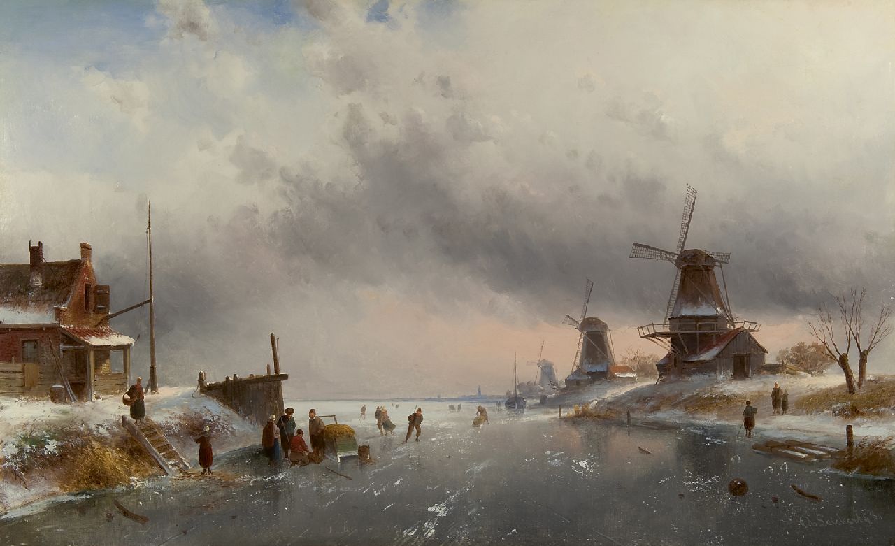 Leickert C.H.J.  | 'Charles' Henri Joseph Leickert | Schilderijen te koop aangeboden | Winterlandschap met figuren op een bevroren rivier, olieverf op doek 61,9 x 100,2 cm, gesigneerd rechtsonder en gedateerd '81 Leickert C.H.J.  | 'Charles' Henri Joseph Leickert | Schilderijen te koop aangeboden | Winterlandschap met figuren op een bevroren rivier, olieverf op doek 61,9 x 100,2 cm, gesigneerd rechtsonder en gedateerd '81