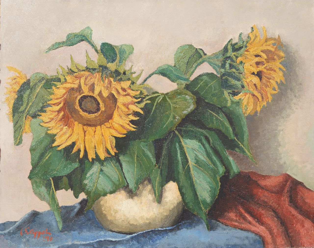 Appel C.K.  | Christiaan 'Karel' Appel |  te koop aangeboden | Stilleven met zonnebloemen, olieverf op papier op doek op paneel - (oil on paper on canvas laid down on panel) 71,0 x 90,0 cm, gesigneerd linksonder en gedateerd '40 VERKOCHT Appel C.K.  | Christiaan 'Karel' Appel |  te koop aangeboden | Stilleven met zonnebloemen, olieverf op papier op doek op paneel - (oil on paper on canvas laid down on panel) 71,0 x 90,0 cm, gesigneerd linksonder en gedateerd '40 VERKOCHT