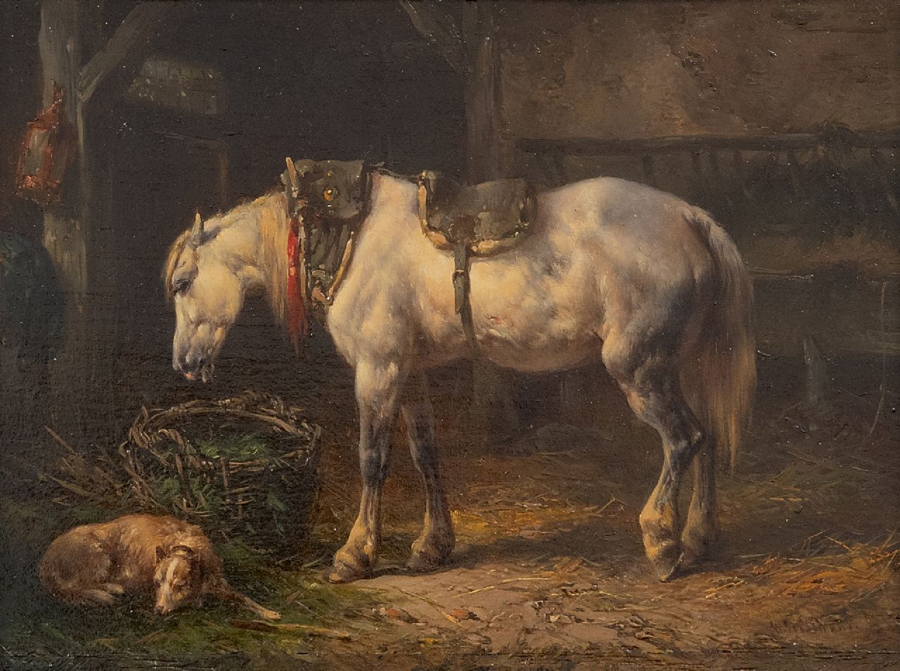 Verschuur W.  | Wouterus Verschuur | Schilderijen te koop aangeboden | Stalinterieur met paard en hond, olieverf op paneel 12,6 x 17,4 cm, gesigneerd rechtsonder
