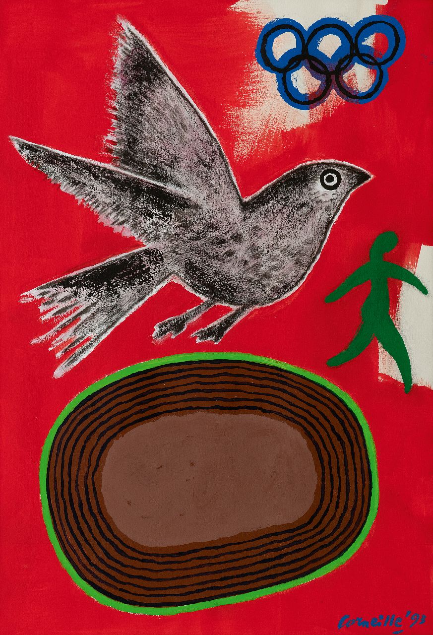 Corneille ('Corneille' Guillaume Beverloo)   | Corneille ('Corneille' Guillaume Beverloo) | Aquarellen en tekeningen te koop aangeboden | Ontwerp voor Het Europees Olympisch Jeugdfestival in Valkenswaard, 1993, gouache op papier 69,1 x 49,2 cm, gesigneerd rechtsonder en gedateerd '93