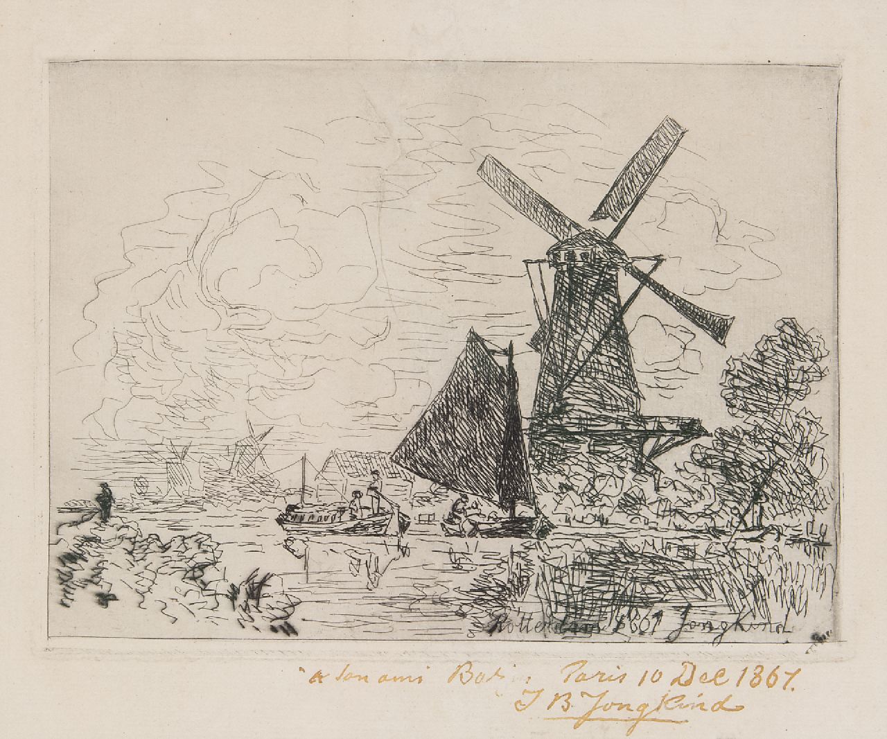 Jongkind J.B.  | Johan Barthold Jongkind | Grafiek te koop aangeboden | Vaart bij Rotterdam met boten en een molen, ets op papier 22,0 x 18,5 cm, gesigneerd rechtsonder in de plaat en met de hand op het blad en gedateerd 'Rotterdam' 1861 in de plaat